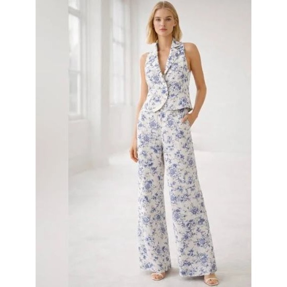 Jason‎ Wu Floral Toile Linen Blend Halter Vest Wide Leg Pants Set Blue White 8